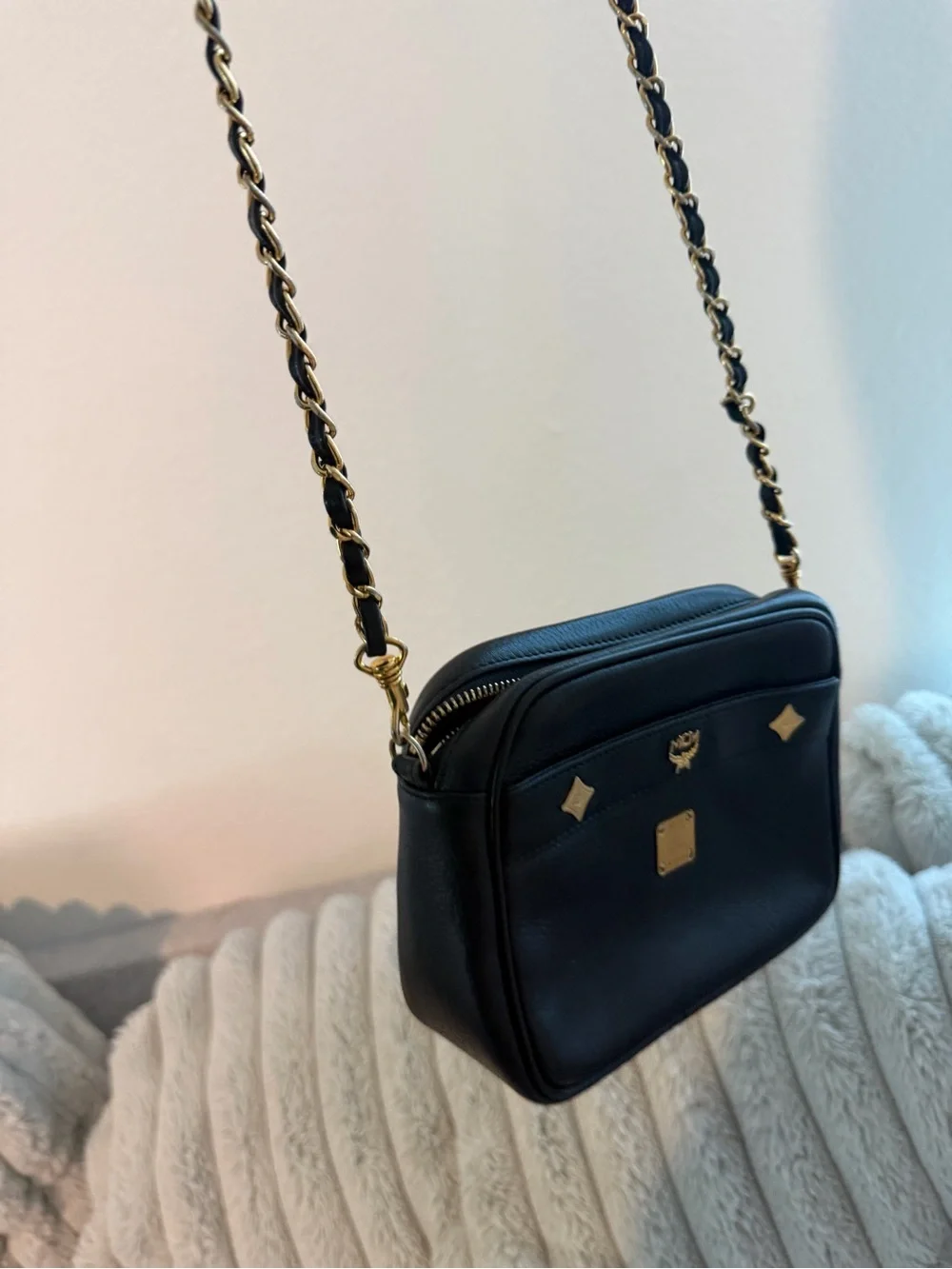 MCM Black Leather Shoulder Bag with Gold Accents